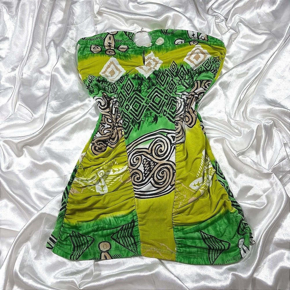 y2k BB Jeans Tribal Ruched Tube Top Green O-Ring Keyhole Bodycon M